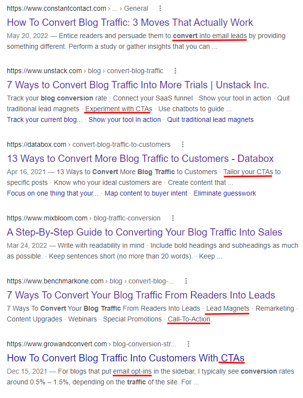Google results showing very little difference between top ranking posts