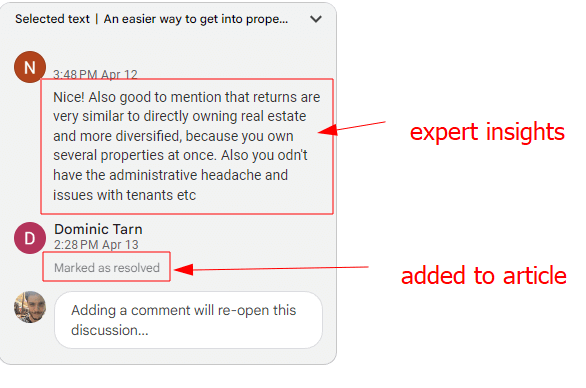 A Google Docs comment showing expert insights added to the article.